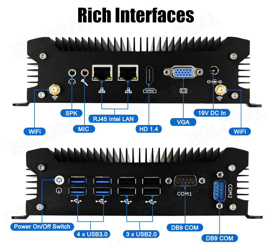 Rich Interfaces 4xUSB3.0 3xUSB2.0 DB9 COM1 DB9 COM2 WiFi SPK MIC RJ45 Intel LAN HD 1.4 VGA 19V DC In WiFi Power On/Off Switch