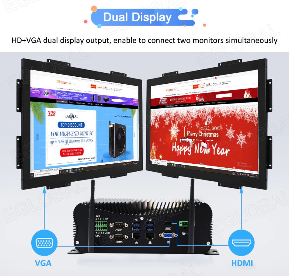 Dual Display: HD+VGA dual display output, enable to connect two monitors simultaneously VGA HDMI