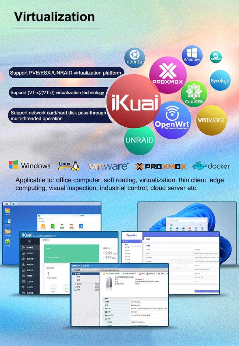 Virtualization ubuntu Windows. Support PVE/ESXi/UNRAID virtualization platform DROXMOX CentOS. multi-threaded operation OpenWrtivmware' k ■ Wireless Freedom j X pro □ ^-docker ■E windows fLinux^\ vmware* r Synology’ Support (VT-x)Z(VT-d) virtualization technology iKuai Support network card/hard disk pass-through Applicable to: office computer, soft routing, virtualization, thin client, edge computing, visual inspection, industrial control, cloud server etc.