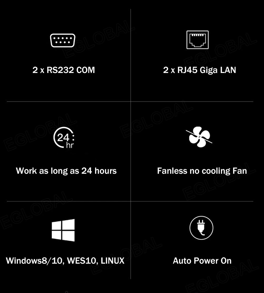 2 x RS232 COM 2 x RJ45 Giga LAN Work as long as 24 hours Fanless no cooling Fan Windows8/10, WES10, LINUX Auto Power On