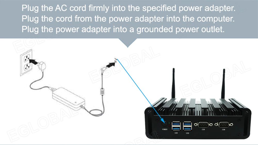 Plug the AC cord firmly into the specified power adapter. Plug the cord from the power adapter into the computer. Plug the power adapter into a grounded power outlet.