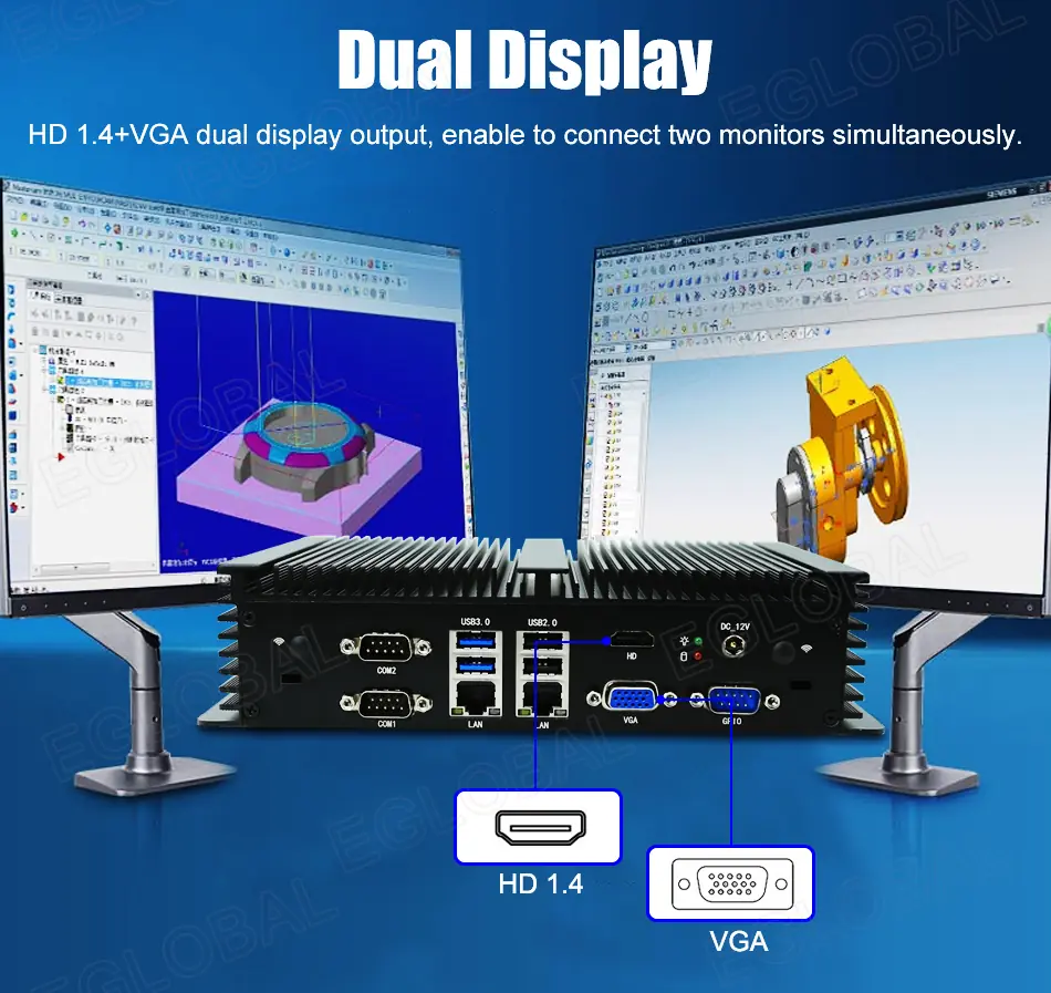 Dual Display HDMI + VGA - dual display output, enable to connect two monitors simultaneously. HDMI v1.4