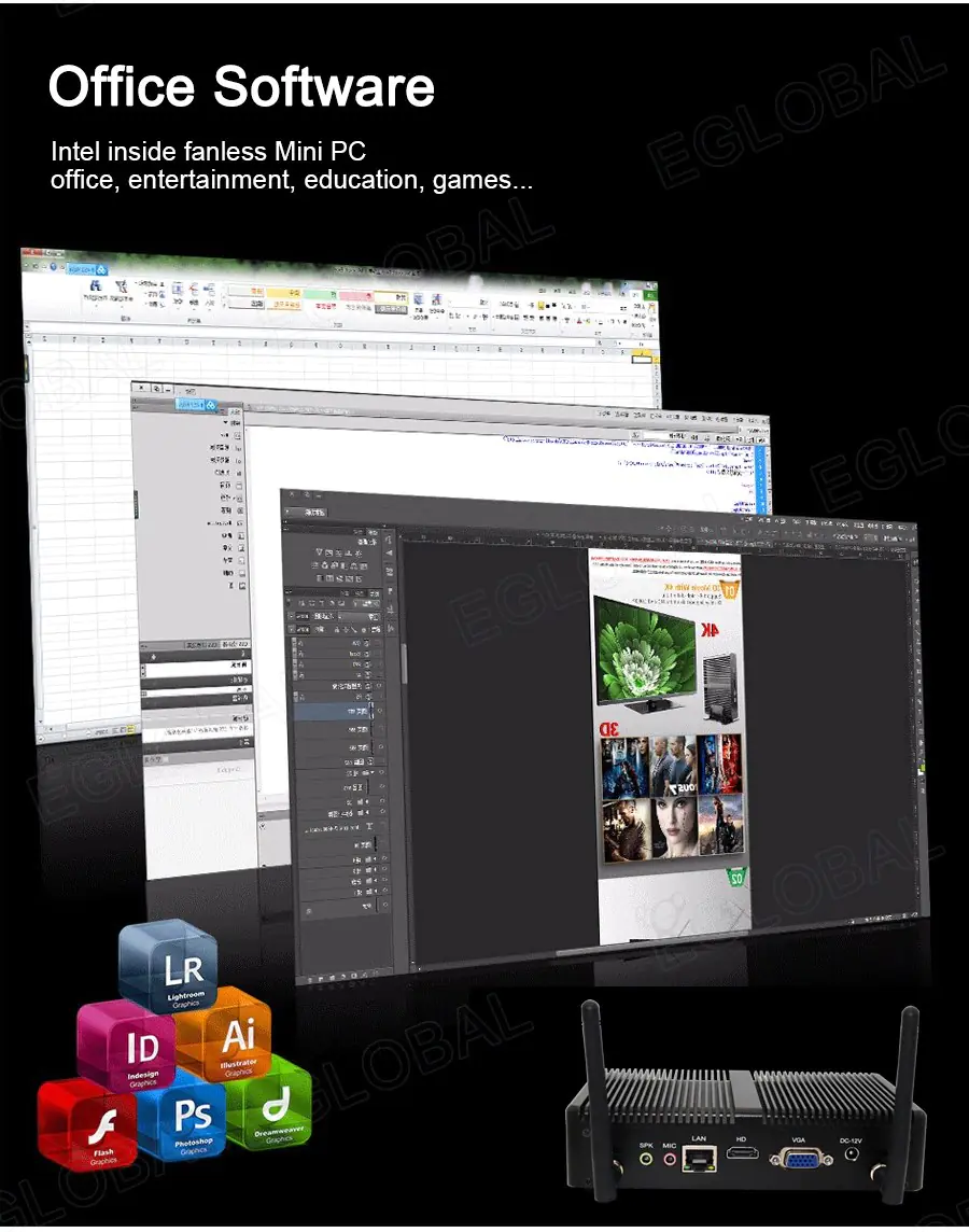 Office Software Intel inside fanless Mini PC office, entertainment, education, games