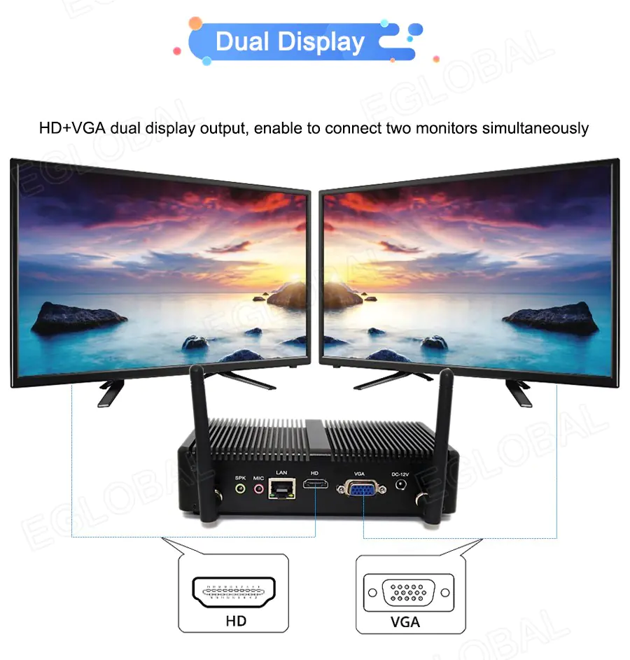 Dual Display: HD+VGA dual display output, enable to connect two monitors simultaneously; HDMI, VGA