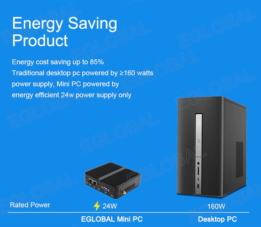 Energy Saving Product | Energy cost saving up to 85% | Traditional desktop pc powered by>160 watts power supply, Mini PC powered by energy efficient 24w power supply only | Rated Power 24 W EGLOBAL Mini PC vs 160W Desktop PC