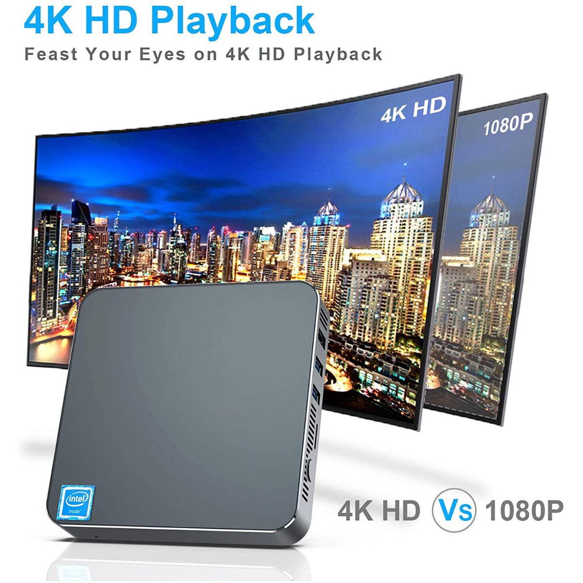 Ultra Mini PC GK7 | 4K HD Playback Feast Your Eyes on 4K HD Playback 4K HD (Vs) 1080P