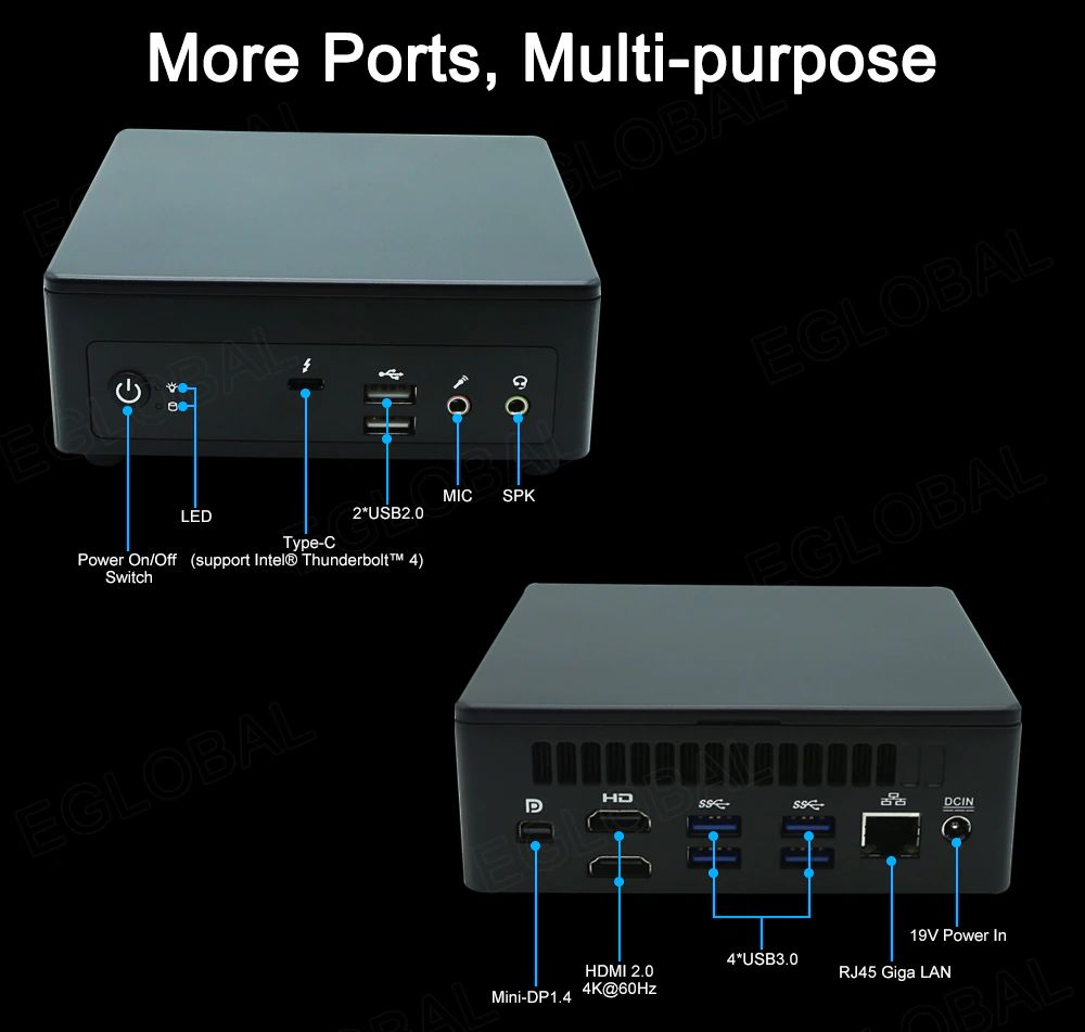 More Ports, Multi-purpose MIC SPK LED 2*USB2.0 Type-C Power On/Off (support Intel® Thunderbolt™ Switch 19V Power In 4*USB3.0 HDMI 2.0 RJ45 Giga LAN Mini-DP 1.4 4K@60Hz
