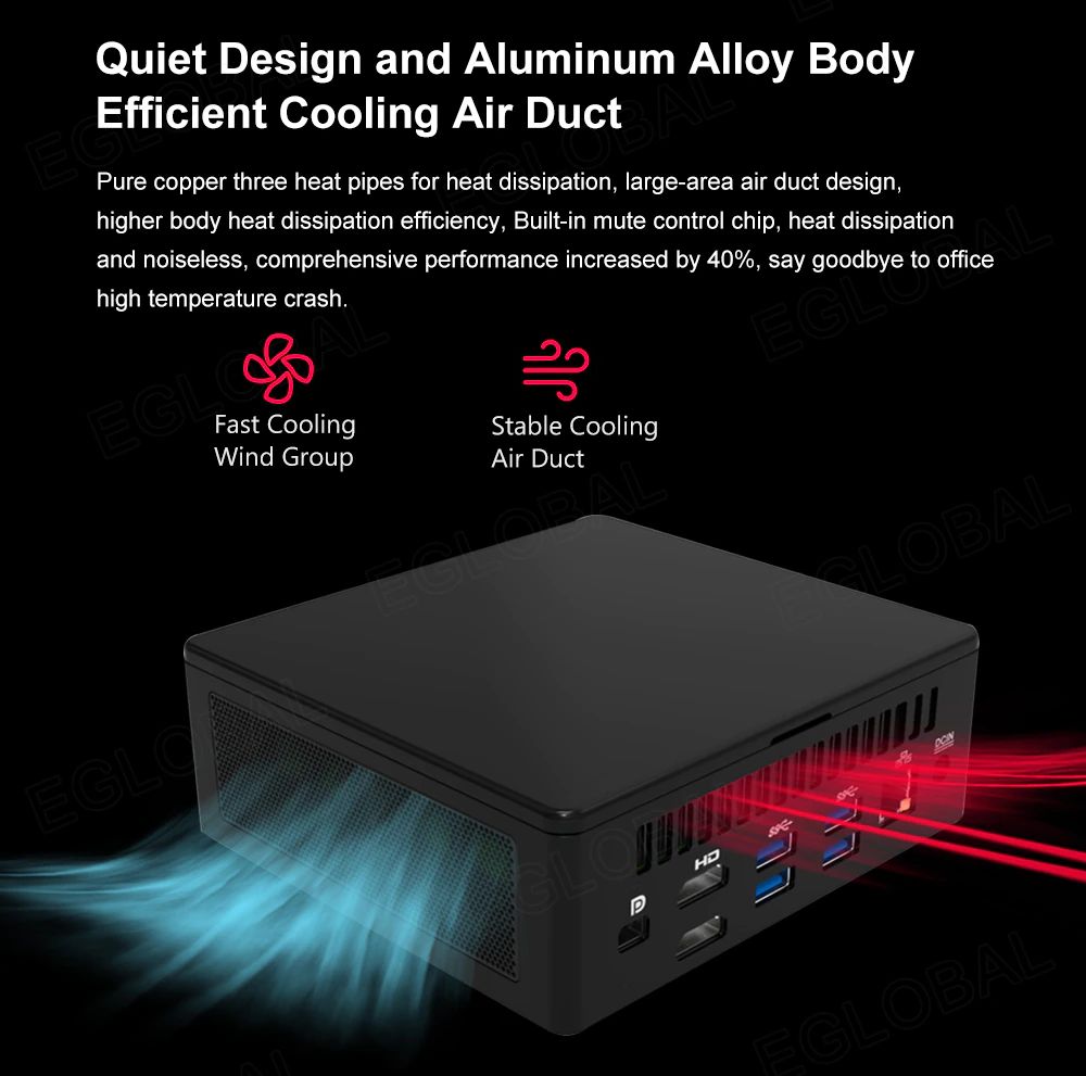 Quiet Design and Aluminum Alloy Body Efficient Cooling Air Duct Pure copper three heat pipes for heat dissipation, large-area air duct design, higher body heat dissipation efficiency, Built-in mute control chip, heat dissipation and noiseless, comprehensive performance increased by 40%, say goodbye to office high temperature crash. Fast Cooling Wind Group Stable Cooling Air Duct