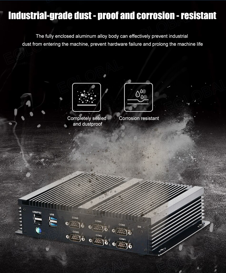 Image of Powerfull Industrial Fanless Mini PC / HTPC / Rugged Computer with CPU Intel Core i7-8550U, 1xDDR4 slot, 6xCOM RS232 ports, 8xUSB ports, VGA, HDMI, 4G SIM slot, dual WiFi for Windows 10 Pro or Linux desktop computing