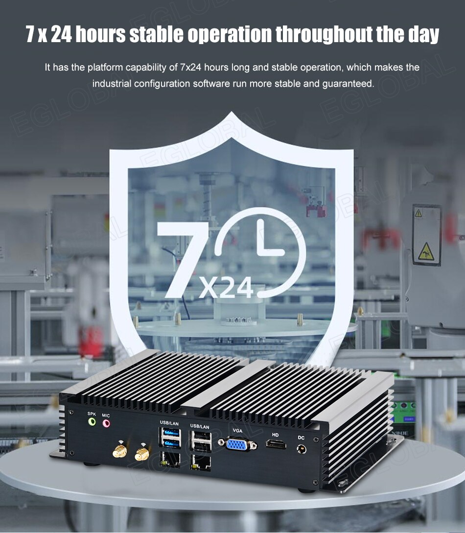Image of Powerfull Industrial Fanless Mini PC / HTPC / Rugged Computer with CPU Intel Core i7-8550U, 1xDDR4 slot, 6xCOM RS232 ports, 8xUSB ports, VGA, HDMI, 4G SIM slot, dual WiFi for Windows 10 Pro or Linux desktop computing