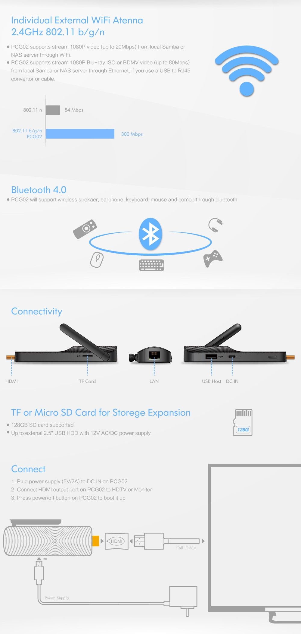 Individual External WiFi Atenna 2.4GHz 802.11 b/g/n 1. PCG02 supports stream 1080P video (up to 20Mbps) from local Samba or NAS server through WiFi. 2. PCG02 supports stream 1080P Blu-ray ISO or BDMV video (up to 80Mbps) from local Samba or NAS server through Ethernet, if you use a USB to RJ45 convertor or cable. 802.1 In 54Mbps 802.11 b/g/n PCG02 Bluetooth 4.0 3. PCG02 will support wireless spekaer, earphone, keyboard, mouse and combo through bluetooth. Connectivity HDMI TF Card LAN USB Host DC IN TF or Micro SD Card for Storege Expansion 4. 128GB SD card supported 5. Up to extenal 2.5" USB HDD with 12V AC/DC power supply Connect - Plug power supply (5V/2A) to DC IN on PCG02 - Connect HDMI output port on PCG02 to HDTV or Monitor - Press power/off button on PCG02 to boot it up