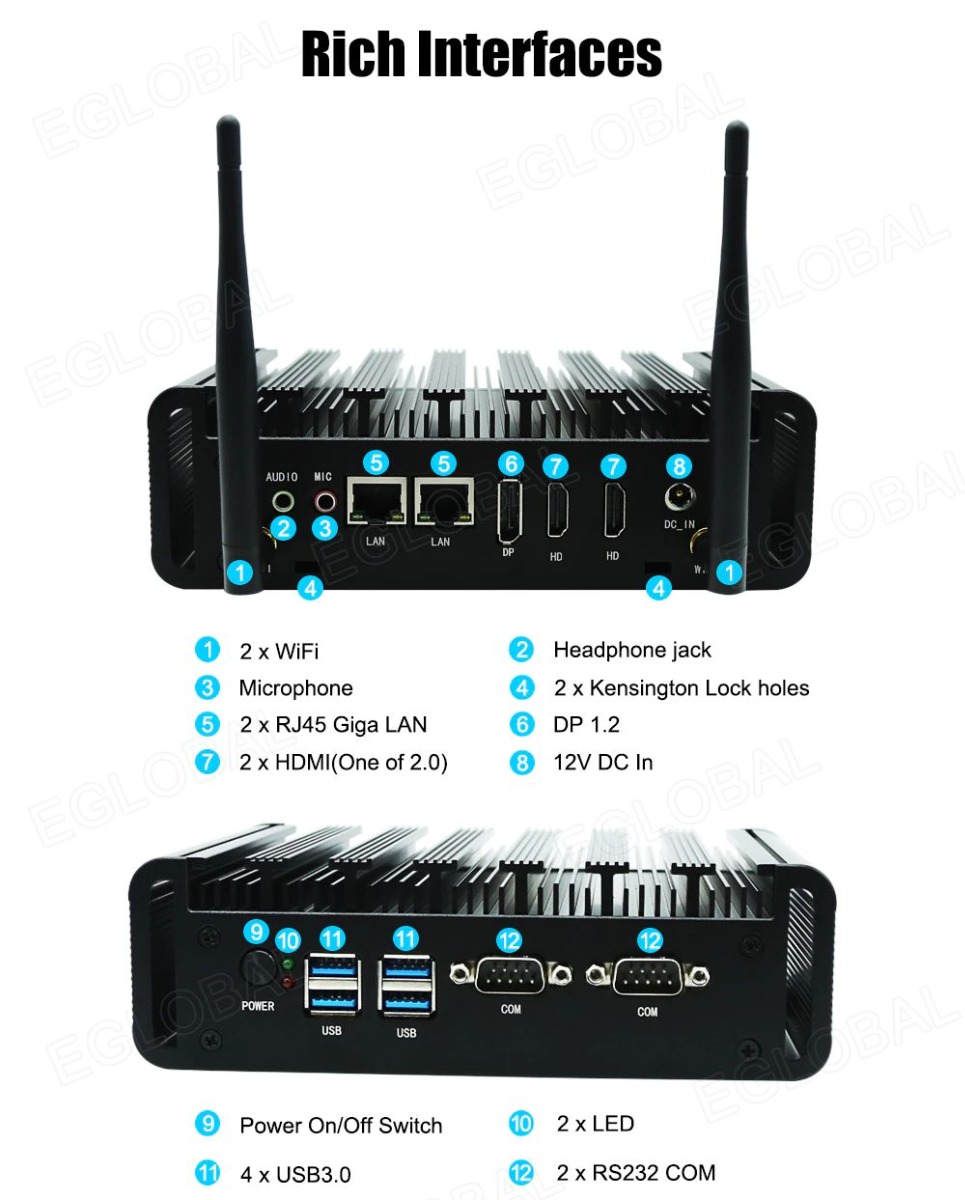 Rich Interfaces 0 2 x WiFi © Microphone © 2 x RJ45 Giga LAN O 2 x HDMI(One of 2.0) Headphone jack 2 x Kensington Lock holes DP 1.2 12V DC In 	Power On/Off Switch	2 x LED © 4 x USB3.0	2 x RS232 COM