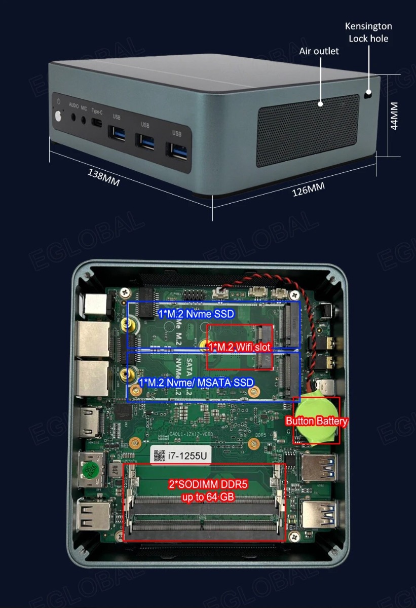 Kensington Lock hole 44MM*138MM*126MM Air outlet i 1*M.2 Nvme SSD 1*M.2 Wifi .slot 1‘M.2 Nvme/ MSATA SSD ButtonjBattery- i7-1255U 2*SODIMM DDR5 up to 64 GB