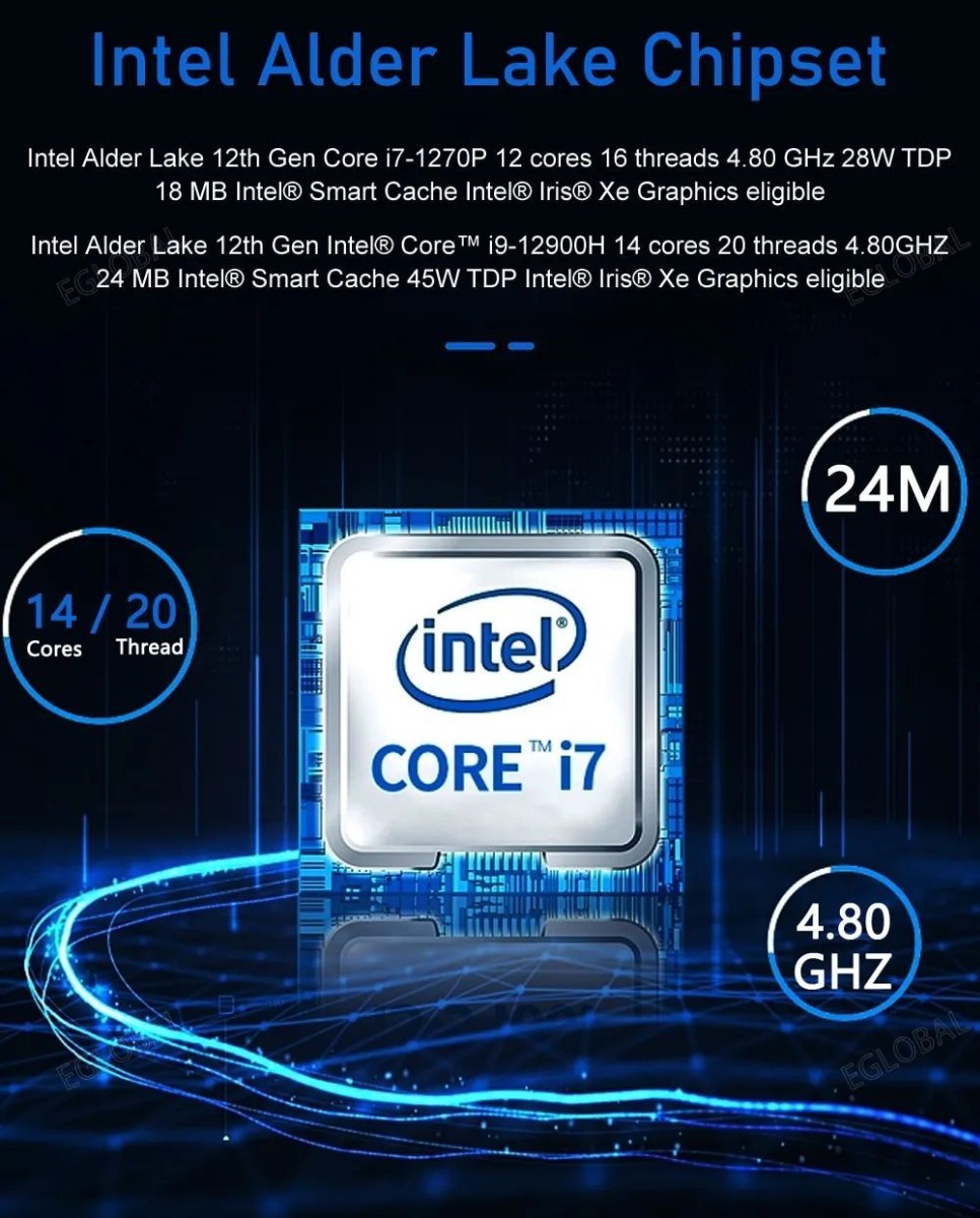 VenBOX F9 Gaming mini PC | Intel Alder Lake Chipset Intel Alder Lake 12th Gen Core 17-1270P 12 cores 16 threads 4.80 GHz 28WTDP 18 MB Intel® Smart Cache Intel® Iris® Xe Graphics eligible Intel Alder Lake 12th Gen Intel® Core™ i9-12900H 14 cores 20 threads 4.80GHZ 24 MB Intel® Smart Cache 45W TDP Intel® Iris® Xe Graphics eligible 14/201 Cores Thread 24M 4.80 GHZ