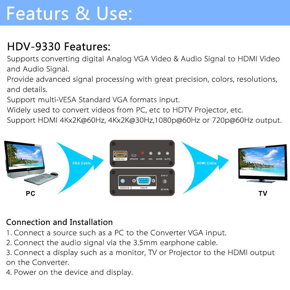 Features & Use: HDV-9330 Features: Supports converting digital Analog VGA Video & Audio Signal to HDMI Video and Audio Signal. Provide advanced signal processing with great precision, colors, resolutions, and details. Support multi-VESA Standard VGA formats input. Widely used to convert videos from PC, etc to HDTV Projector, etc. Support HDMI 4Kx2K@60Hz, 4Kx2K@30Hz,1080p@60Hz or 720p@60Hz output. Connection and Installation 1. Connect a source such as a PC to the Converter VGA input. 2. Connect the audio signal via the 3.5mm earphone cable. 3. Connect a display such as a monitor, TV or Projector to the HDMI output on the Converter. 4. Power on the device and display.