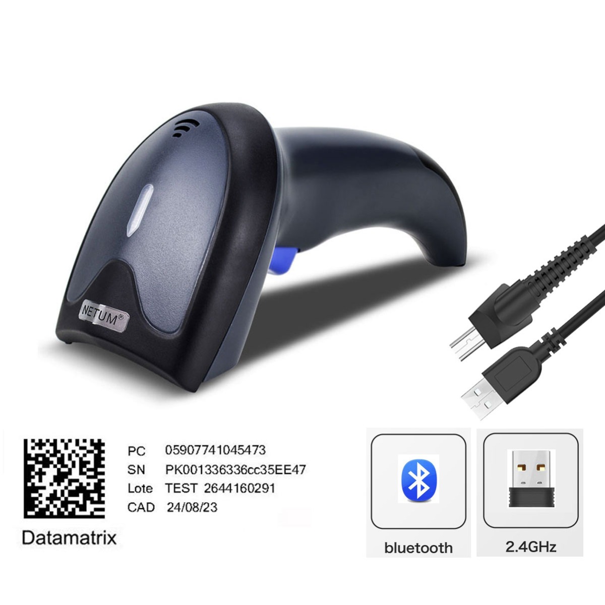 Datamatrix PC 05907741045473 SN PK001336336cc35EE47 Lote TEST 2644160291 CAD 24/08/23 bluetooth 2.4GHz